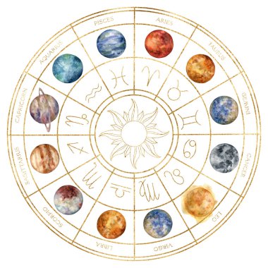 Watercolor gold composition of zodiac signs, planets and sun. Hand painted abstract astronomy calendar isolated on white background. Illustration for design, print, fabric or background