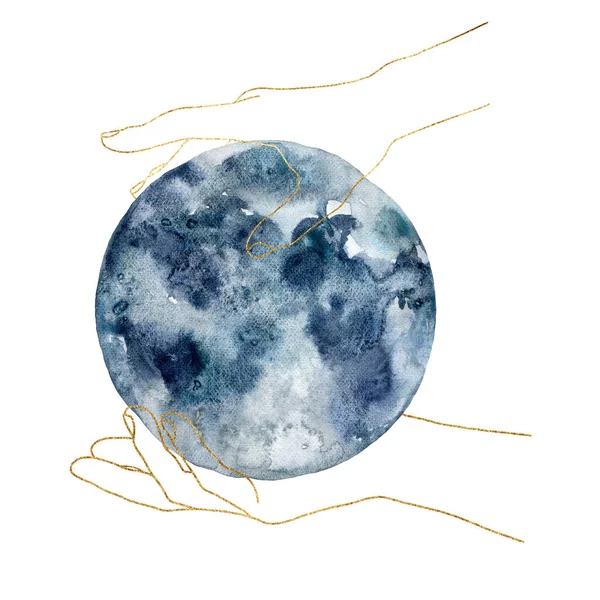 Watercolor Abstract Composition Hand Holding Moon Hand Painted Linear Minimalistic — Stock fotografie