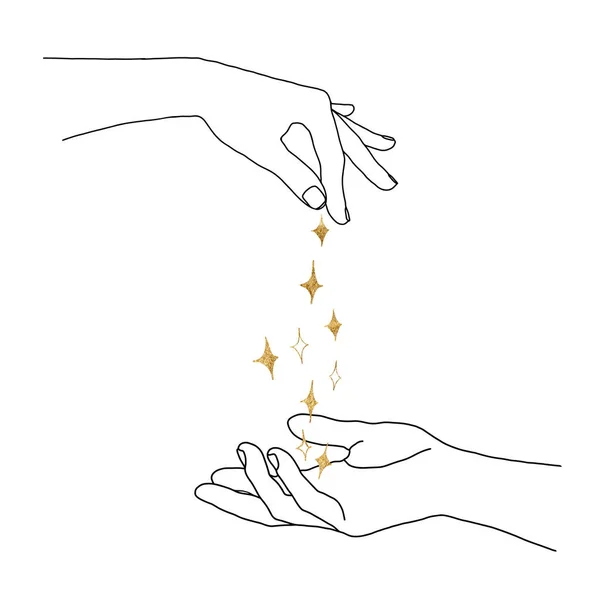 Watercolor Abstract Composition Linear Hands Gold Stars Hand Painted Minimalistic — Stockfoto