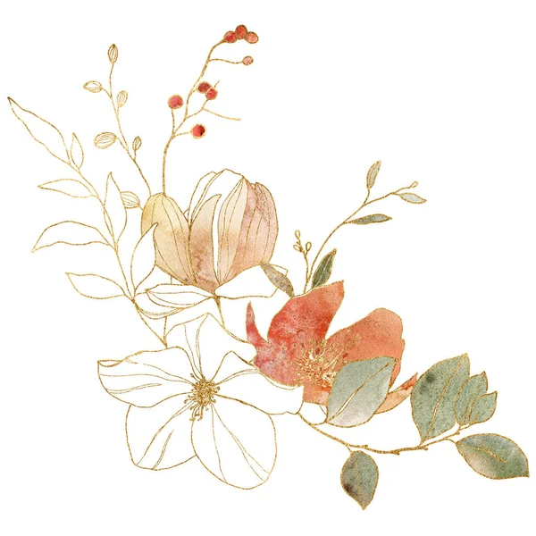 Watercolor Bouquet Gold Linear Flowers Bud Hand Painted Abstract Composition — Fotografia de Stock