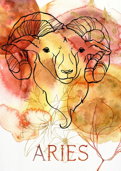 Watercolor Poster Zodiak Sign Aries Hand Painted Abstract Card Isolated — Photo