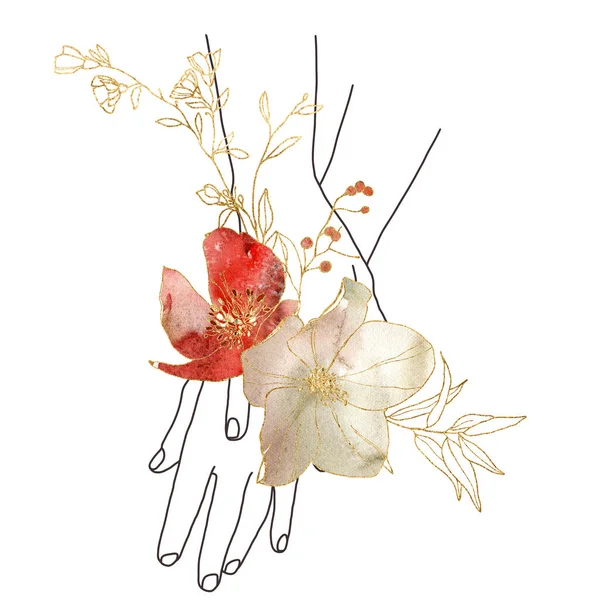 Watercolor linear card of hands and flowers. Hand painted abstract composition isolated on white background. Minimalistic illustration for design, print, fabric or background