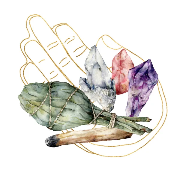 Watercolor Linear Hand Palo Santo Sage Crystals Hand Painted Incense — Zdjęcie stockowe