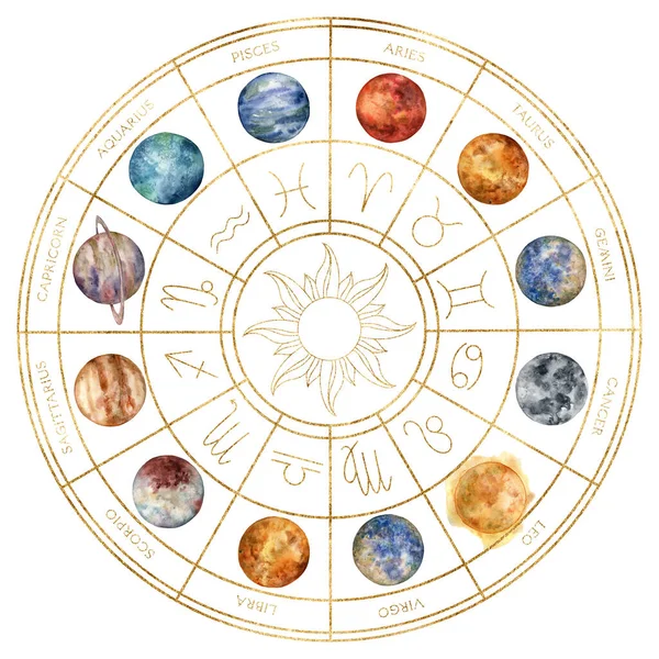 Watercolor Gold Composition Zodiac Signs Planets Sun Hand Painted Abstract — 图库照片