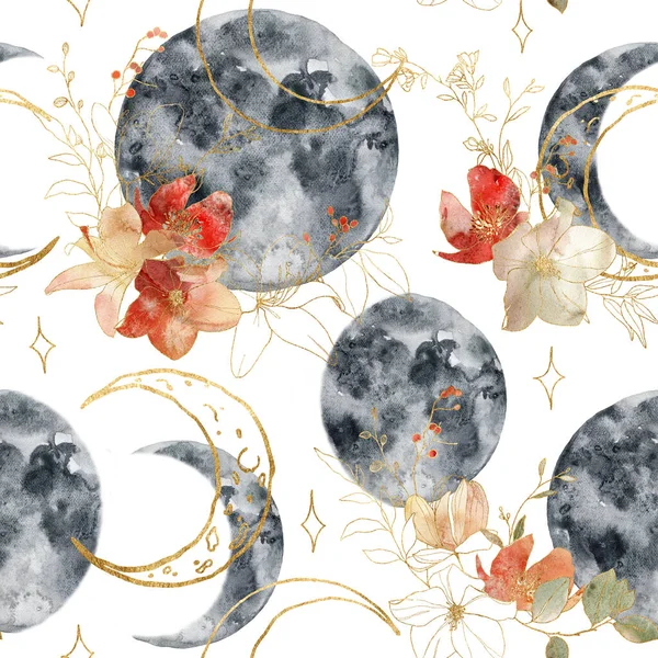 Watercolor seamless pattern of moon and flowers composition. Hand painted abstract composition isolated on white background. Minimalistic linear illustrations for design, print, fabric or background