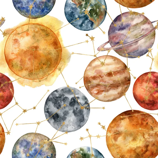 Watercolor seamless pattern of planets and stars. Hand painted abstract composition isolated on white background. Minimalistic linear illustrations for design, print, fabric or background