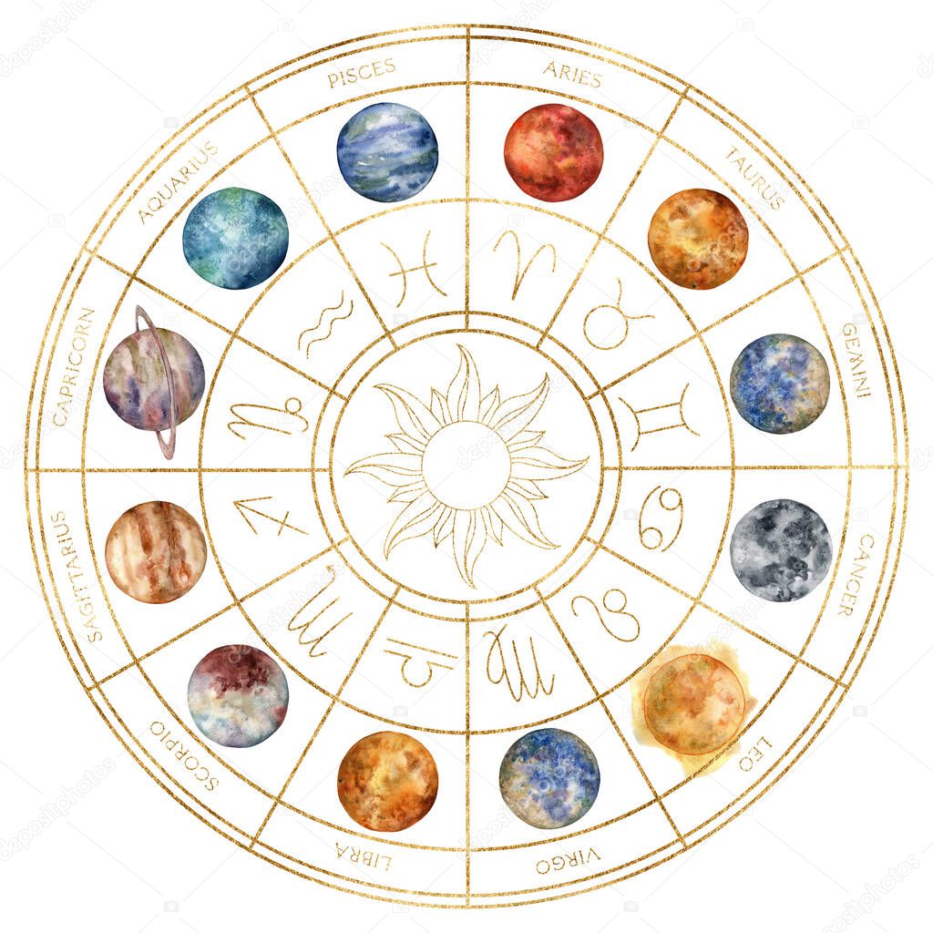 Watercolor gold composition of zodiac signs, planets and sun. Hand painted abstract astronomy calendar isolated on white background. Illustration for design, print, fabric or background