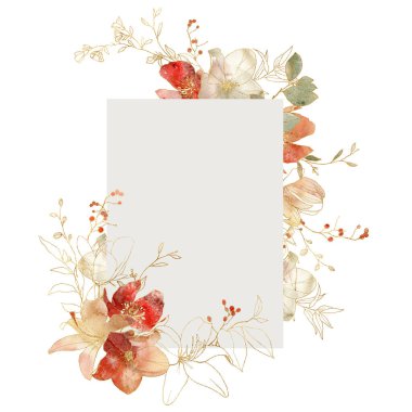 Watercolor summer frame of gold linear flowers. Hand painted abstract composition isolated on white background. Minimalistic illustration for design, print, fabric or background