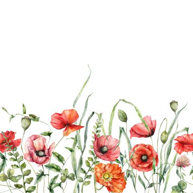 Yonca, haşhaş, sardunya ve lavantadan oluşan suluboya çayır çiçekleri. Beyaz arka planda yaban çiçeklerinden elde boyanmış çiçek kartı. Tasarım, baskı veya arkaplan için Tatil Resimleri