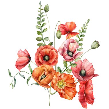 Watercolor meadow flowers bouquet of poppy, geranium, leaves and buds. Hand painted floral poster of wildflowers isolated on white background. Holiday Illustration for design, print, background