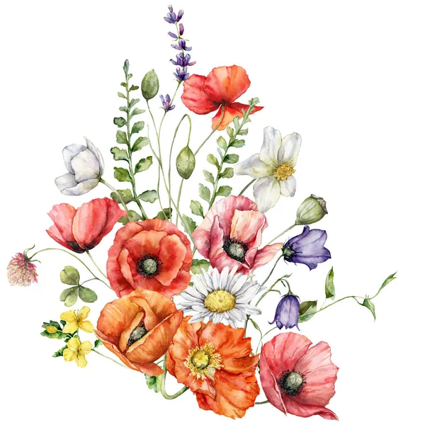 Watercolor Meadow Flowers Bouquet Poppy Geranium Leaves Chamomile Hand Painted — Stock Photo, Image
