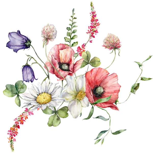 Watercolor Meadow Flowers Bouquet Poppy Chamomile Campanula Hand Painted Floral — Photo