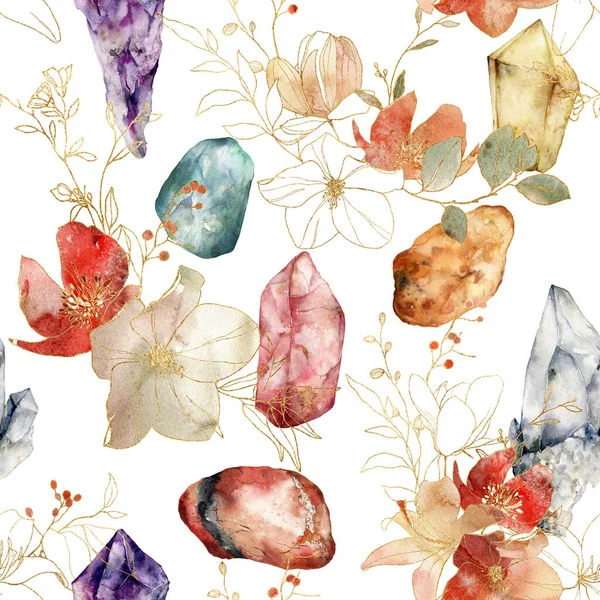 Watercolor Linear Seamless Pattern Gemstones Flowers Hand Painted Abstract Composition — Foto Stock