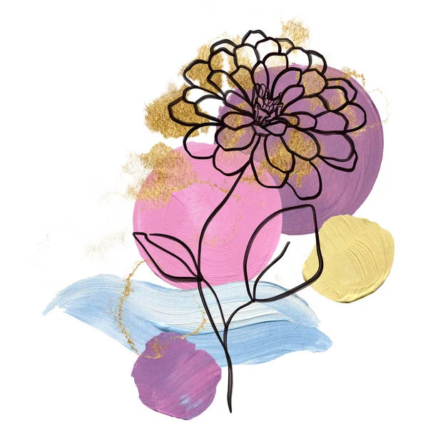 Watercolor Acrylic Floral Bouquet Abstract Spots Linear Dahlia Hand Painted — Fotografia de Stock