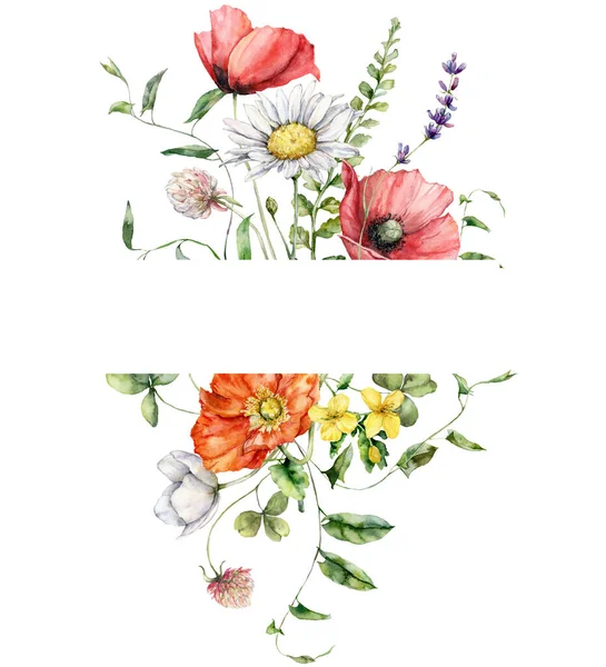 Aquarell Wiesenblumen Horizontal Rahmen Aus Mohn Kamille Und Geranien Handbemalte — Stockfoto