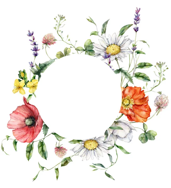 Akvarelové Luční Květy Kruhový Rám Heřmánku Máku Levandule Ručně Malované — Stock fotografie