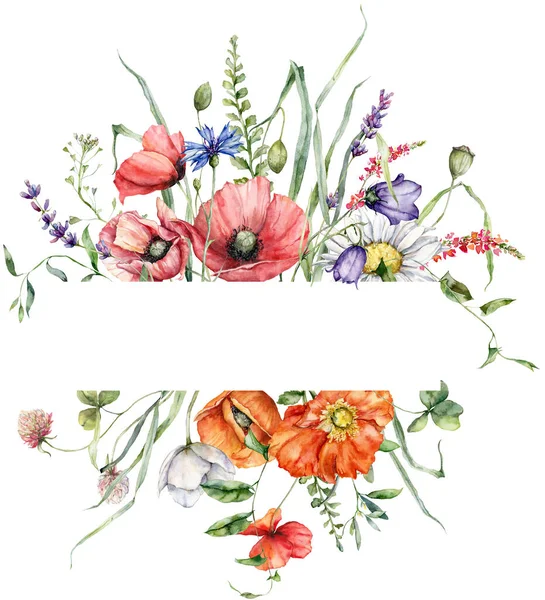 Aquarell Wiesenblumen Horizontal Rahmen Aus Mohn Kornblumen Und Kamille Handbemalte — Stockfoto