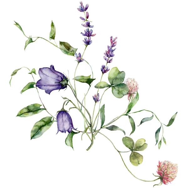 수채화 초장에는 캄파눌라 라벤더 꽃다발을 이루고 배경에 떨어져 야생화 포스터를 — 스톡 사진
