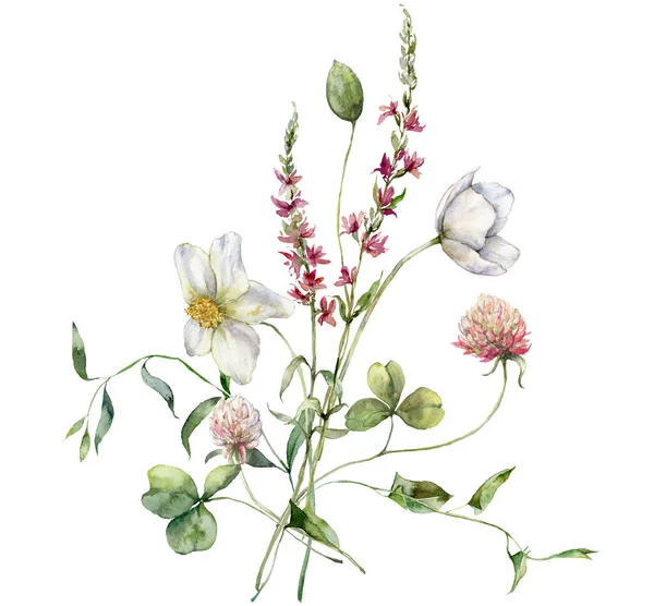 Aquarell Wiesenblumen Bouquet Von Hahnenfuß Klee Bindgras Und Salbei Handgemaltes — Stockfoto