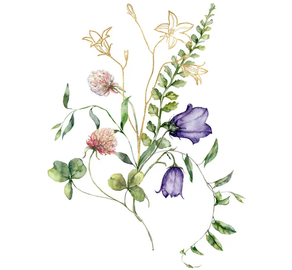 Aquarell Wiesenblumen Bouquet Von Linearen Glockenblumen Und Klee Handbemaltes Goldenes — Stockfoto