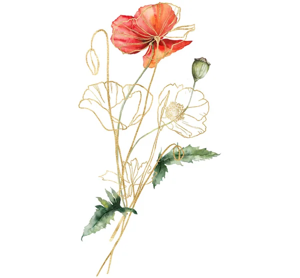 Suluboya Çayır Çiçeği Buketi Doğrusal Haşhaş Karanfil Beyaz Arka Planda — Stok fotoğraf