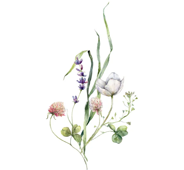 Aquarell Wiesenblumen Bouquet Von Klee Butterblume Und Capsella Handgemaltes Blumenposter — Stockfoto
