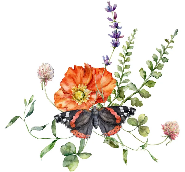 Aquarell Wiesenblumen Bouquet Von Mohn Geranien Und Schmetterling Handgemaltes Blumenposter — Stockfoto