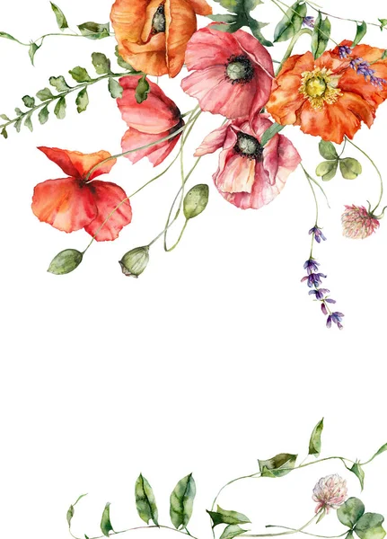 Aquarell Wiesenblumen Grenzen Mohn Geranien Lavendel Und Klee Handbemalter Blumenrahmen — Stockfoto