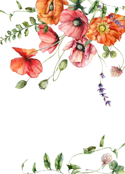 Watercolor meadow flowers border of poppy, geranium, lavender and clover. Hand painted floral frame of wildflowers isolated on white background. Holiday Illustration for design, print or background