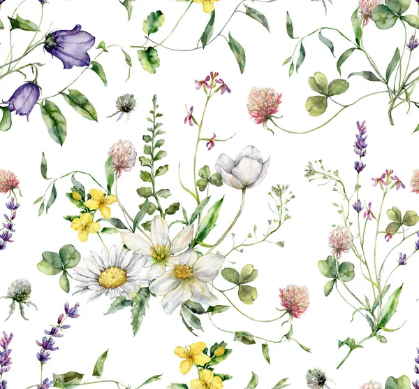 Aquarell Wiesenblumen Mit Nahtlosem Muster Aus Glockenblume Lavendel Capsella Und — Stockfoto