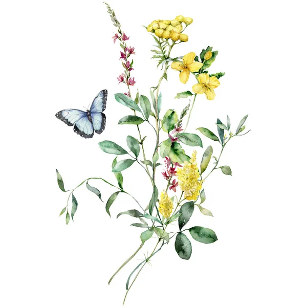 Aquarell Wiesenblumen Bouquet Von Stiefmütterchen Schöllkraut Und Salbei Handgemaltes Blumenposter — Stockfoto