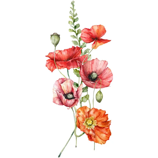 Aquarell Wiesenblumen Bouquet Von Mohn Geranien Und Knospen Handgemaltes Blumenposter — Stockfoto