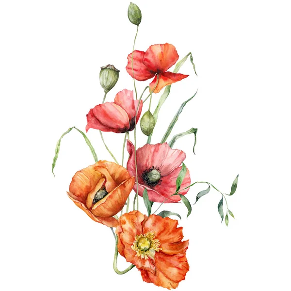 Aquarell Wiesenblumen Bouquet Von Mohn Blättern Und Knospen Handgemaltes Blumenposter — Stockfoto