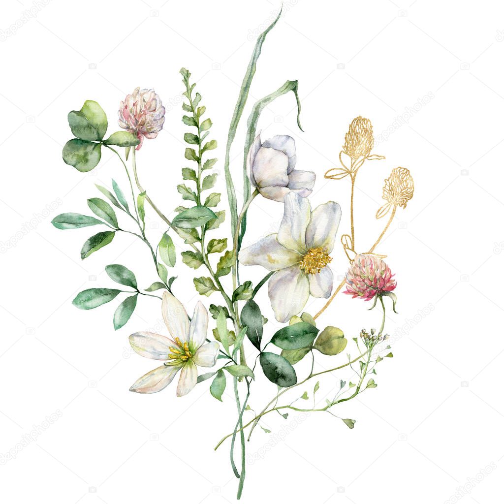 Watercolor meadow flowers bouquet of buttercup, geranium and capsella. Hand painted floral poster of wildflowers isolated on white background. Holiday Illustration for design, print, background