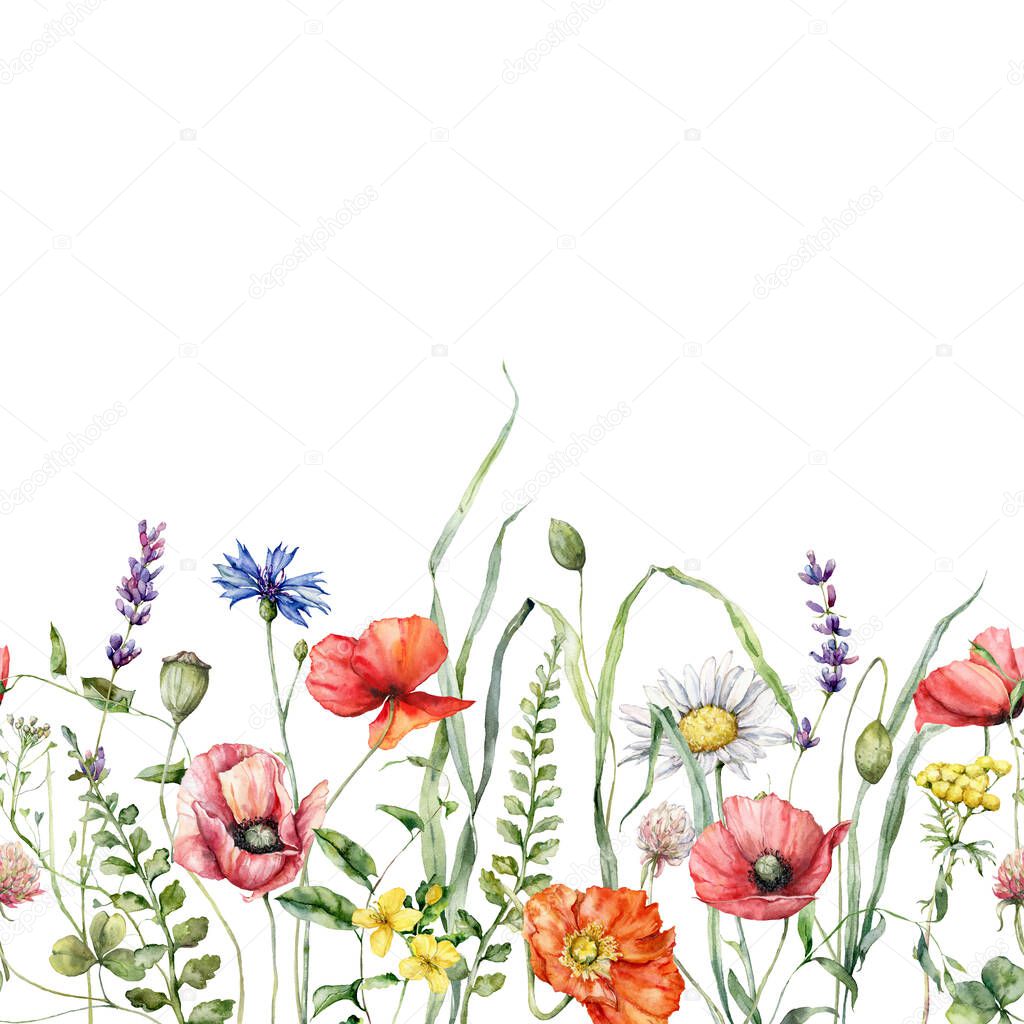 Watercolor meadow flowers border of poppy, chamomile, buttercup, campanula and sage. Hand painted floral card of wildflowers isolated on white background. Illustration for design, print, background