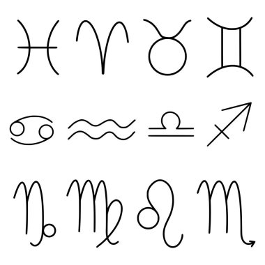 Vector linear set of zodiac signs. Hand painted abstract astronomy elements isolated on white background. Illustration for design, print, fabric or background