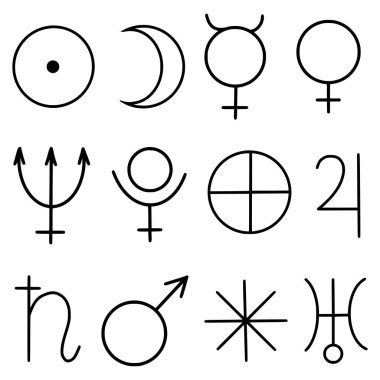 Vector black set of planets signs. Hand painted abstract elements isolated on white background. Minimalistic linear illustration for design, print, fabric or background