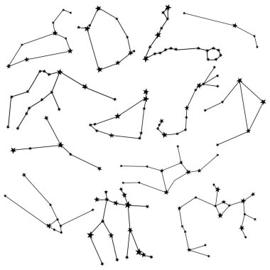 Vector black set of constellation with stars. Hand painted abstract elements isolated on white background. Minimalistic linear illustration for design, print, fabric or background