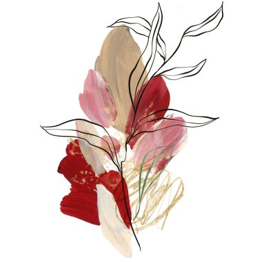 Doğrusal dalın suluboya sonbahar soyut kompozisyonu, kırmızı ve pembe noktalar. Beyaz arka planda izole edilmiş elle boyanmış bitkilerin kartı. Tasarım, baskı ve arkaplan için botanik illüstrasyon