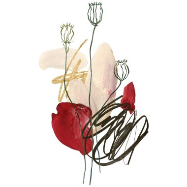 Doğrusal bitki ve kırmızı noktaların suluboya sonbahar soyut kompozisyonu. Beyaz arka planda izole edilmiş elle boyanmış bitkilerin kartı. Tasarım, baskı ve arkaplan için botanik illüstrasyon