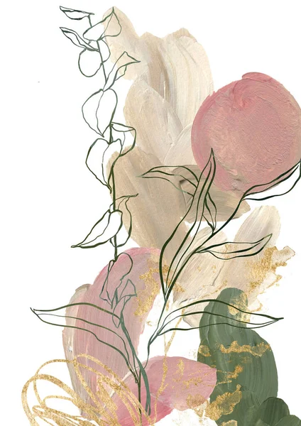 線形分岐 ピンクと緑のスポットの水彩秋の抽象組成物 白い背景に隔離された植物の手描きのカード デザイン 背景のための植物イラスト — ストック写真