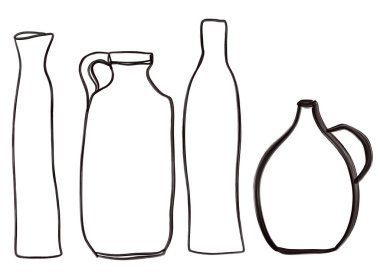 Seramik ve metal vazolardan oluşan çizgiler. Beyaz arka planda izole edilmiş klasik çizimler. Tasarım, baskı, iç veya arka plan için