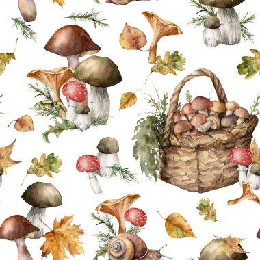 Suluboya sonbahar mantar, sepet ve yaprakların pürüzsüz deseni. El boyaması Amanda Muscaria, chanterelle, beyaz arka planda izole edilmiş boletus. Tasarım, yazdırma veya arkaplan çizimi