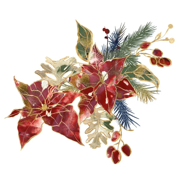 Aquarell Weihnachtsstrauß Aus Goldenen Weihnachtssternen Beeren Und Tannenzweigen Handbemalte Urlaubskarte — Stockfoto