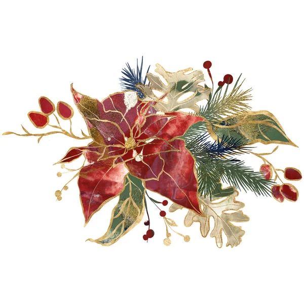 Aquarell Weihnachtsstrauß Aus Goldenen Weihnachtssternen Tannenzweigen Und Beeren Handbemalte Urlaubskarte — Stockfoto