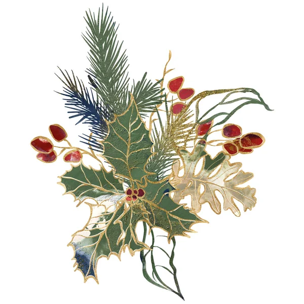 Υδατογραφία Χριστουγεννιάτικο Μπουκέτο Από Χρυσά Φύλλα Βελανιδιάς Μούρα Και Μπλε — Φωτογραφία Αρχείου