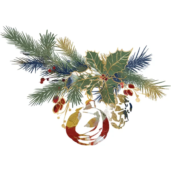 Akvarell Karácsonyi Csokor Arany Kontúr Tölgyfa Levelek Játék Kék Fenyő — Stock Fotó