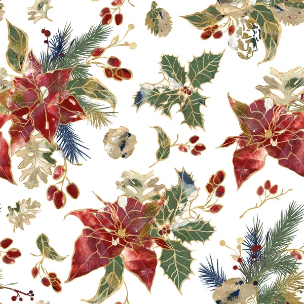 水彩金輪郭ポインセチア モミの枝や果実のクリスマスシームレスなパターン 白い背景に孤立した手描きの休日の花 デザイン プリント 背景のイラスト — ストック写真