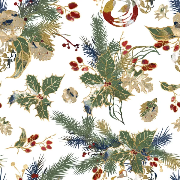 크리스마스에는 상수리나무 전나무 가지가 만년설로 배경에 색을칠 하였다 인쇄물 — 스톡 사진