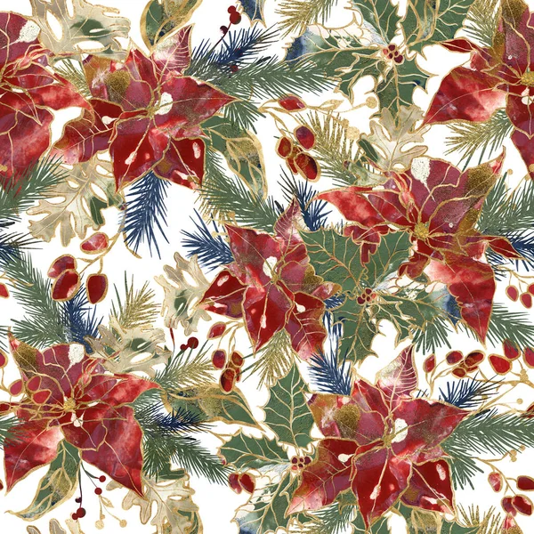 크리스마스 물감없는 패턴의 황금등 세티아 전나무가지 배경에 색을칠 하였다 인쇄물 — 스톡 사진